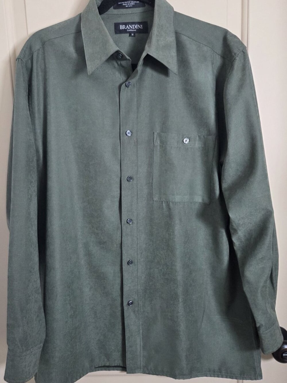 Brandini Mens Green Button Down Shirt Faux-suede Long Sleeve Sz Med